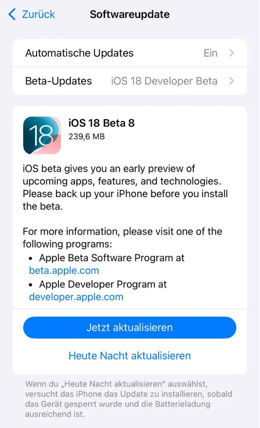 青县苹果手机维修分享苹果 iOS / iPadOS 18 开发者预览版 Beta 8 发布 